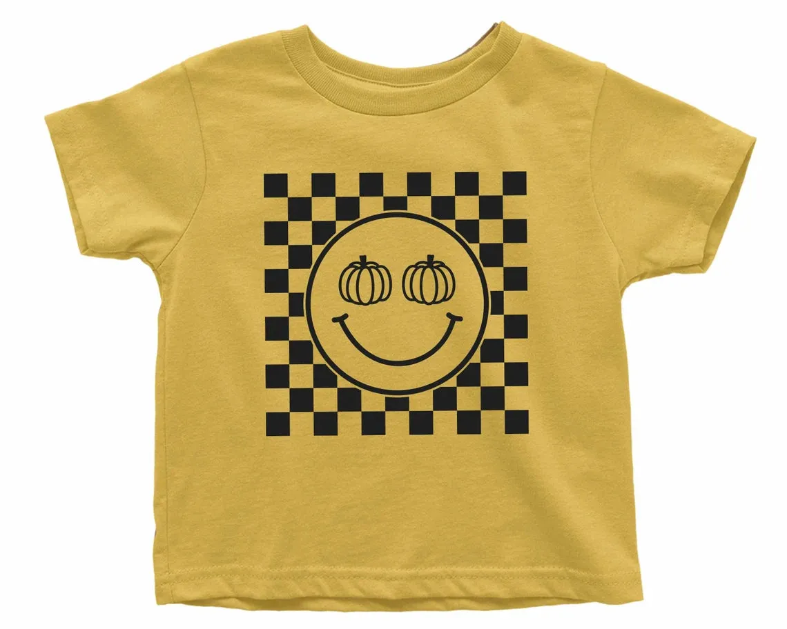 Pumpkin Checkered Smiley Face. Halloween T-shirt for Kids. Halloween Toddler Shirt. Pumpkin Baby Shirt. Fall Checkered Retro baby t-shirt.