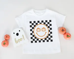 Pumpkin Checkered Smiley Face. Halloween T-shirt for Kids. Halloween Toddler Shirt. Pumpkin Baby Shirt. Fall Checkered Retro baby t-shirt.