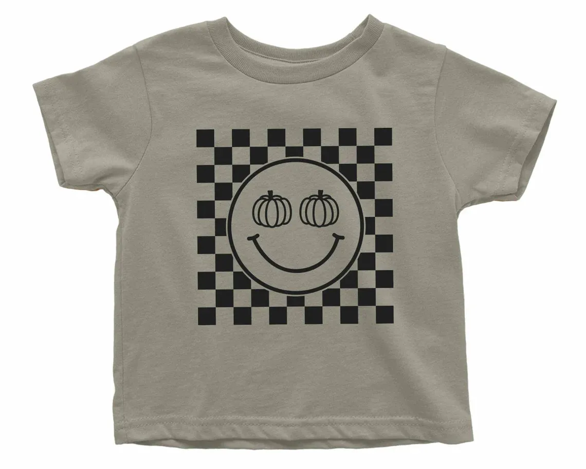 Pumpkin Checkered Smiley Face. Halloween T-shirt for Kids. Halloween Toddler Shirt. Pumpkin Baby Shirt. Fall Checkered Retro baby t-shirt.