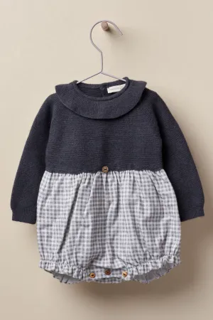 "Harper" Charcoal Half Knit Check Romper
