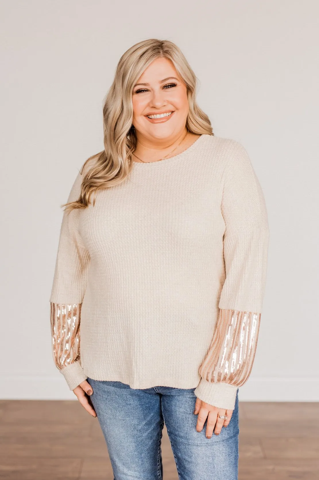 Ready To Sparkle Long Sleeve Top- Taupe