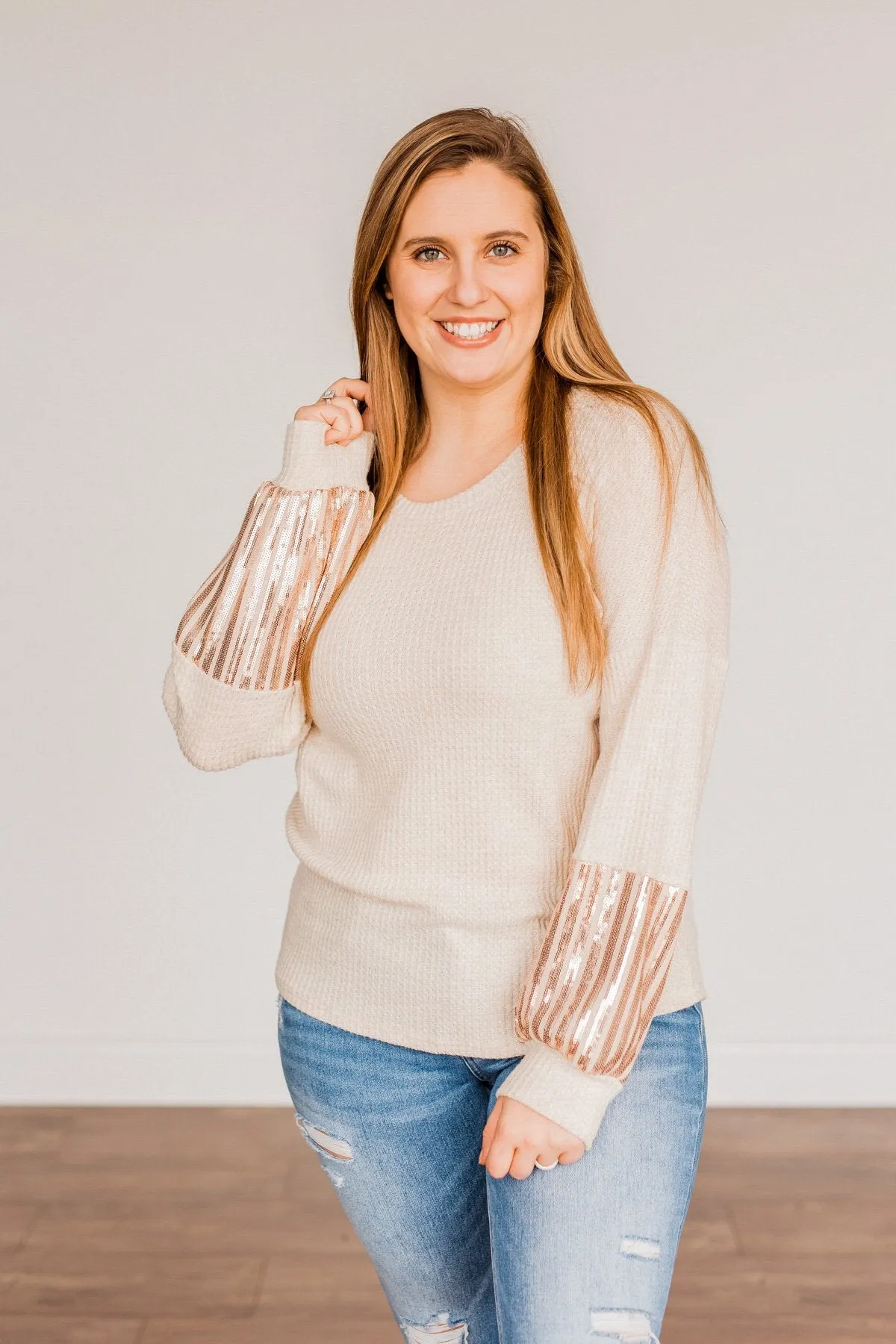 Ready To Sparkle Long Sleeve Top- Taupe
