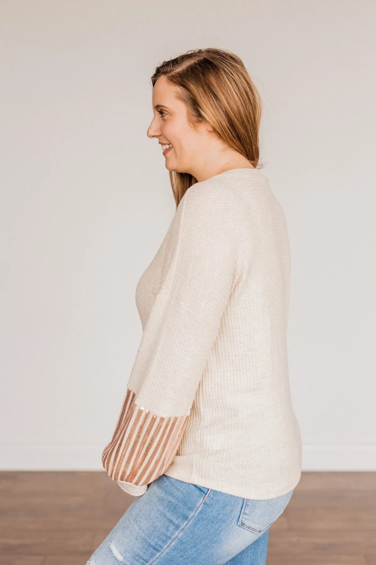 Ready To Sparkle Long Sleeve Top- Taupe
