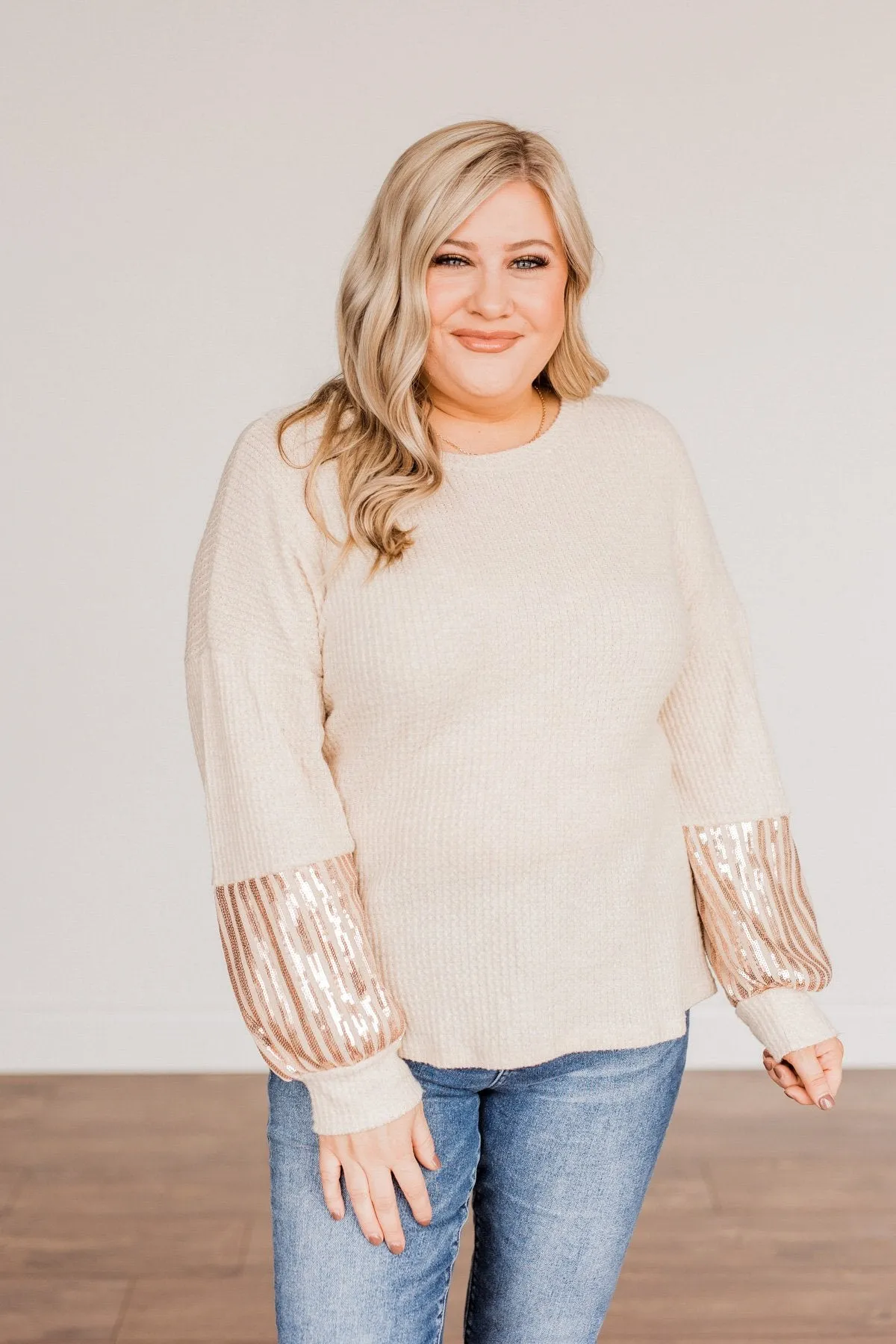 Ready To Sparkle Long Sleeve Top- Taupe
