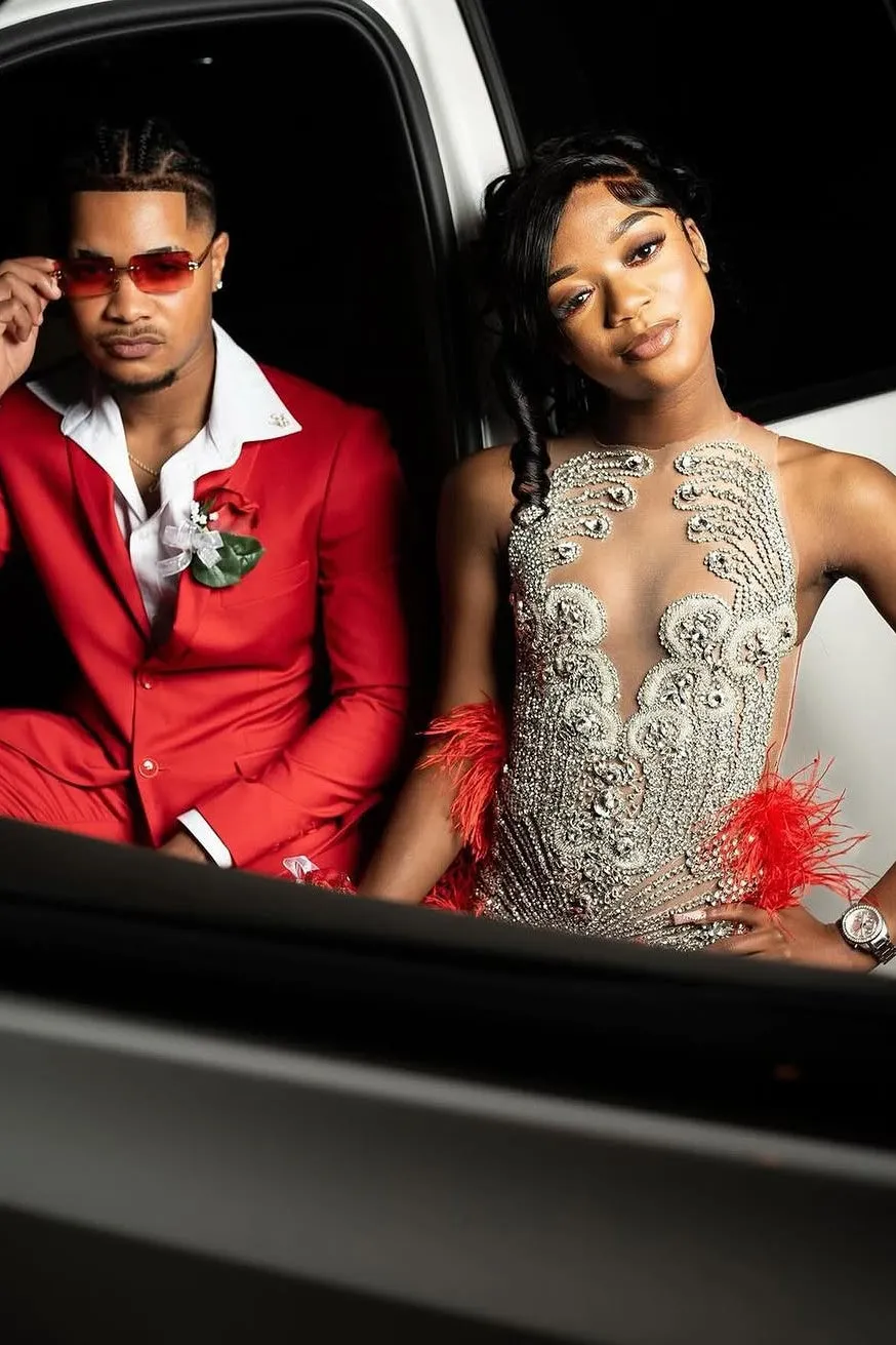 Red Silver Beaded Mermaid Sleeveless Long Mermaid Prom Dresses