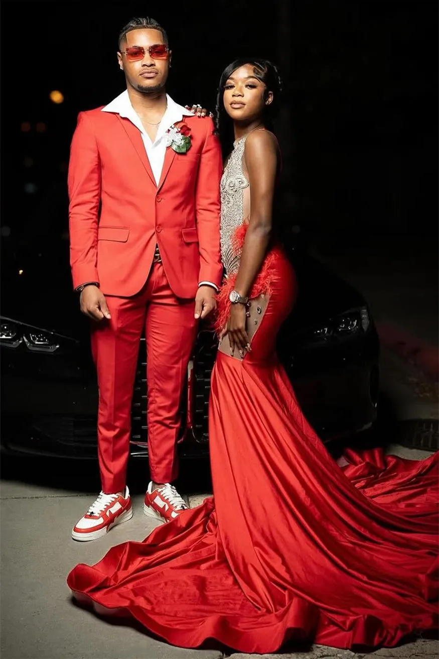 Red Silver Beaded Mermaid Sleeveless Long Mermaid Prom Dresses