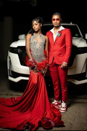 Red Silver Beaded Mermaid Sleeveless Long Mermaid Prom Dresses