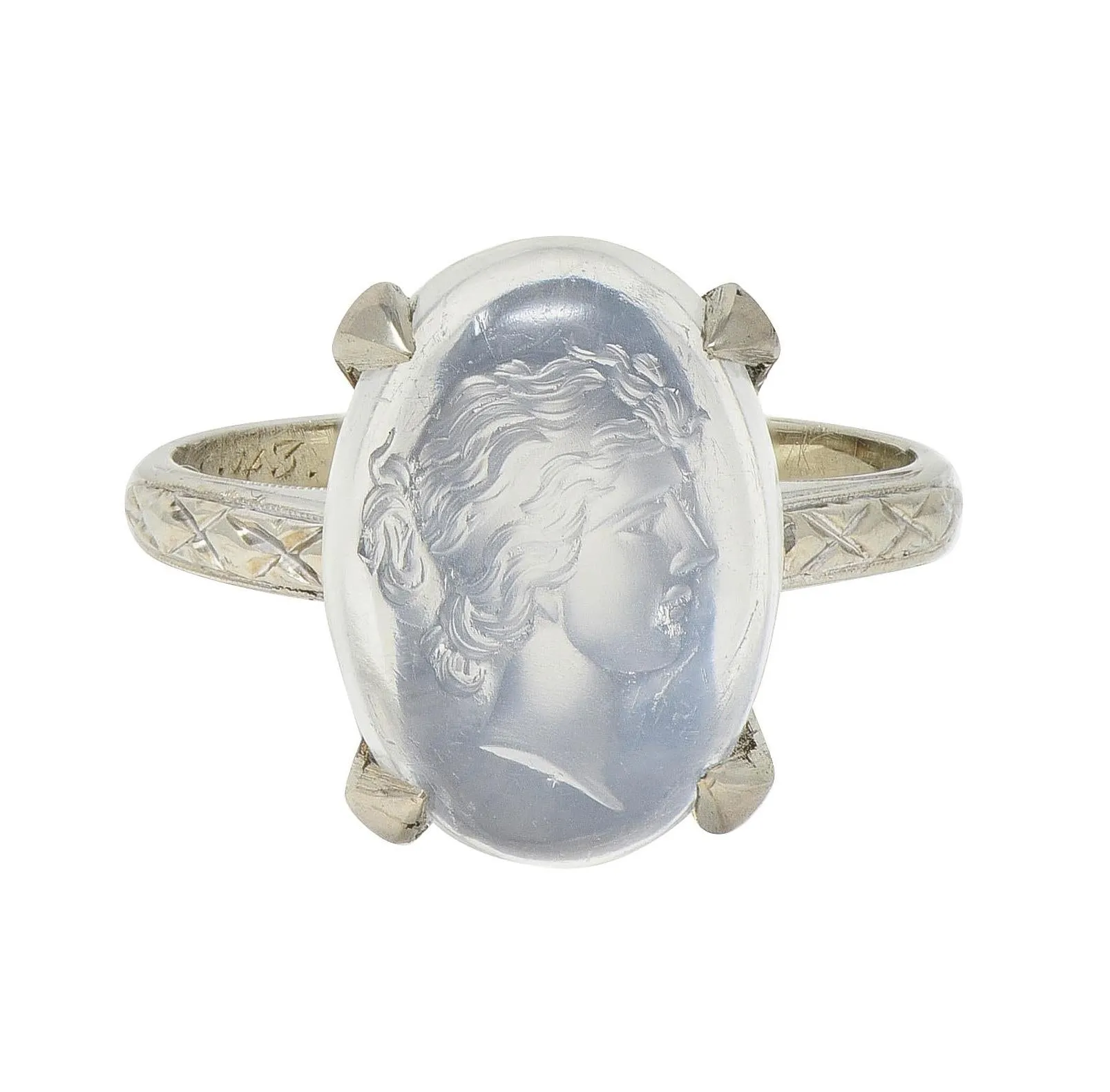 Retro 1943 Carved Moonstone 14 Karat White Gold Vintage Intaglio Ring