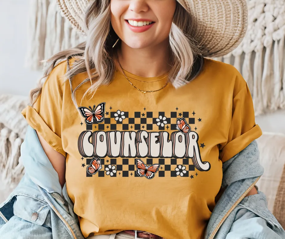 Retro Checkered Counselor Butterfly Mustard Tee