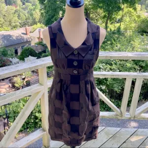 Retro Cocktail Tonal Check Chocolate Brown Mini Dress Size 4