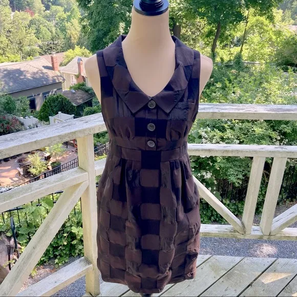 Retro Cocktail Tonal Check Chocolate Brown Mini Dress Size 4