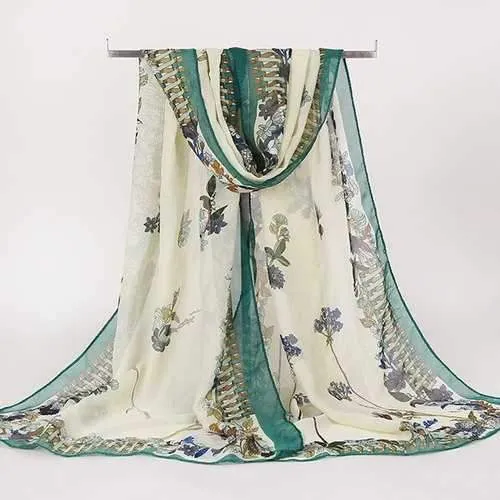 Retro Ethnic Floral Pettern Lightsome Gossamer Scarf - Green