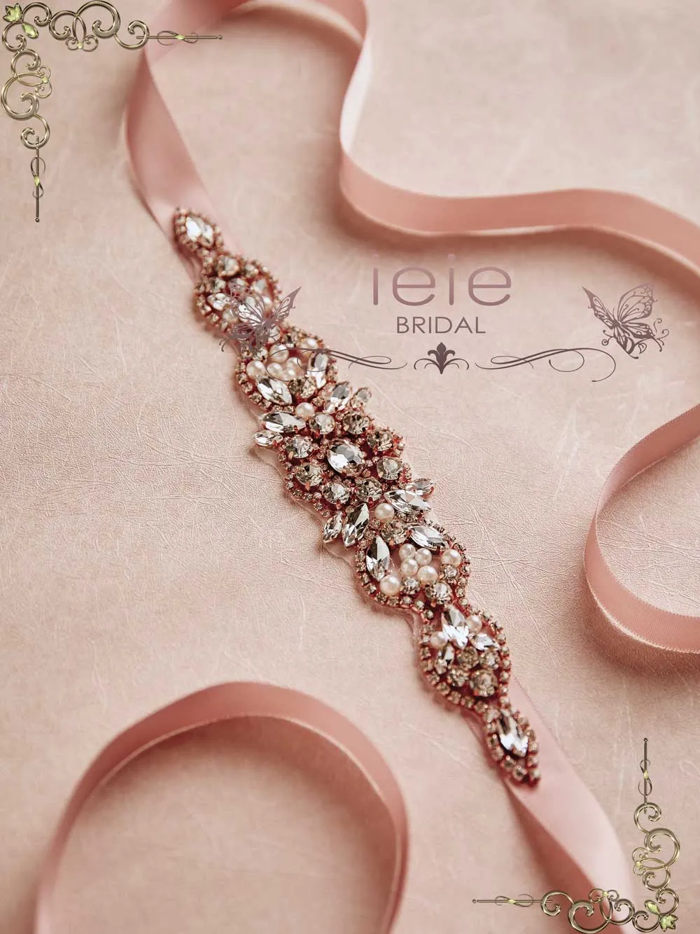 Rose Gold Crystal Rhinestone Tie On Sash for Wedding Dress BT2014