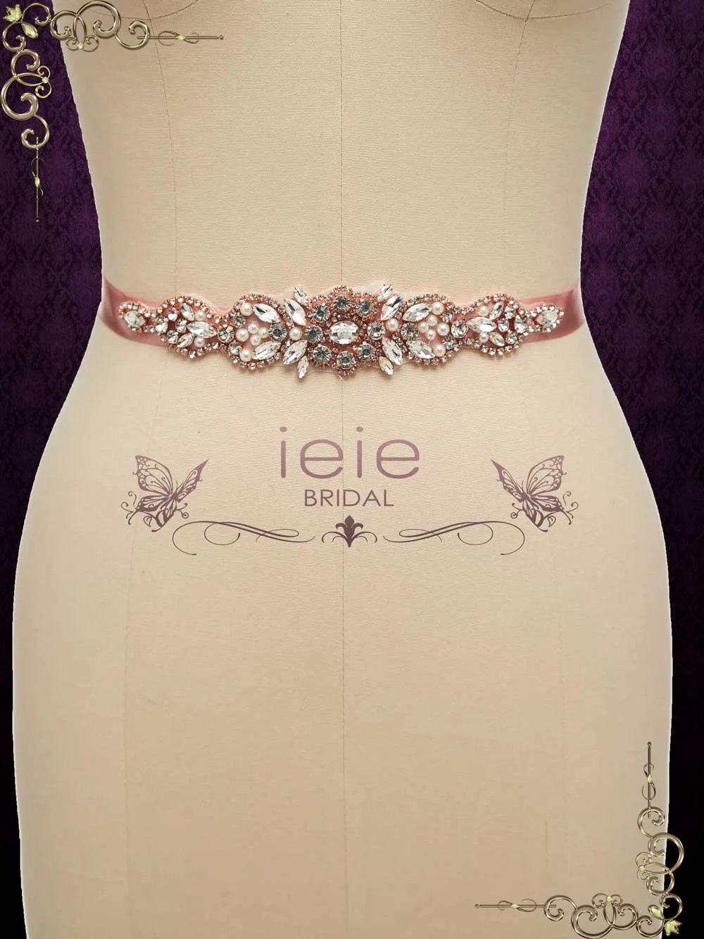 Rose Gold Crystal Rhinestone Tie On Sash for Wedding Dress BT2014