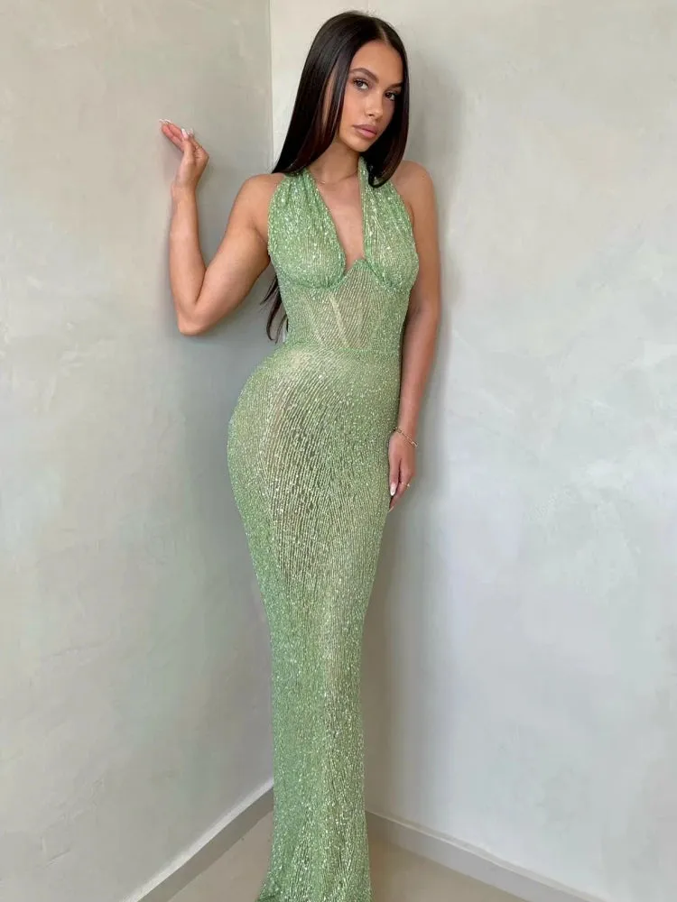 Sexy Halter Deep V-Neck Sequins Maxi Dress Green Sleeveless Backless Sequined Slim Long Dresses Wedding Party Prom Gowns