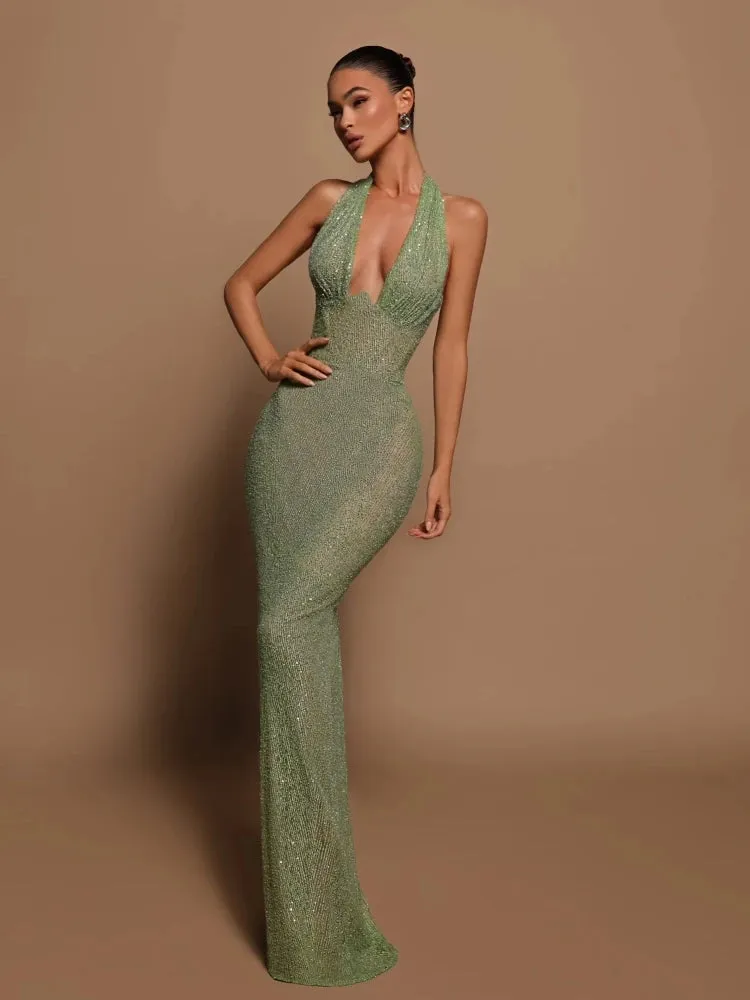 Sexy Halter Deep V-Neck Sequins Maxi Dress Green Sleeveless Backless Sequined Slim Long Dresses Wedding Party Prom Gowns