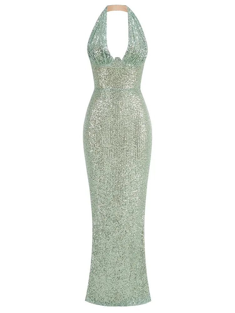 Sexy Halter Deep V-Neck Sequins Maxi Dress Green Sleeveless Backless Sequined Slim Long Dresses Wedding Party Prom Gowns