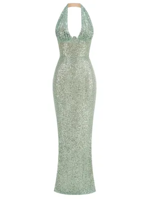Sexy Halter Deep V-Neck Sequins Maxi Dress Green Sleeveless Backless Sequined Slim Long Dresses Wedding Party Prom Gowns