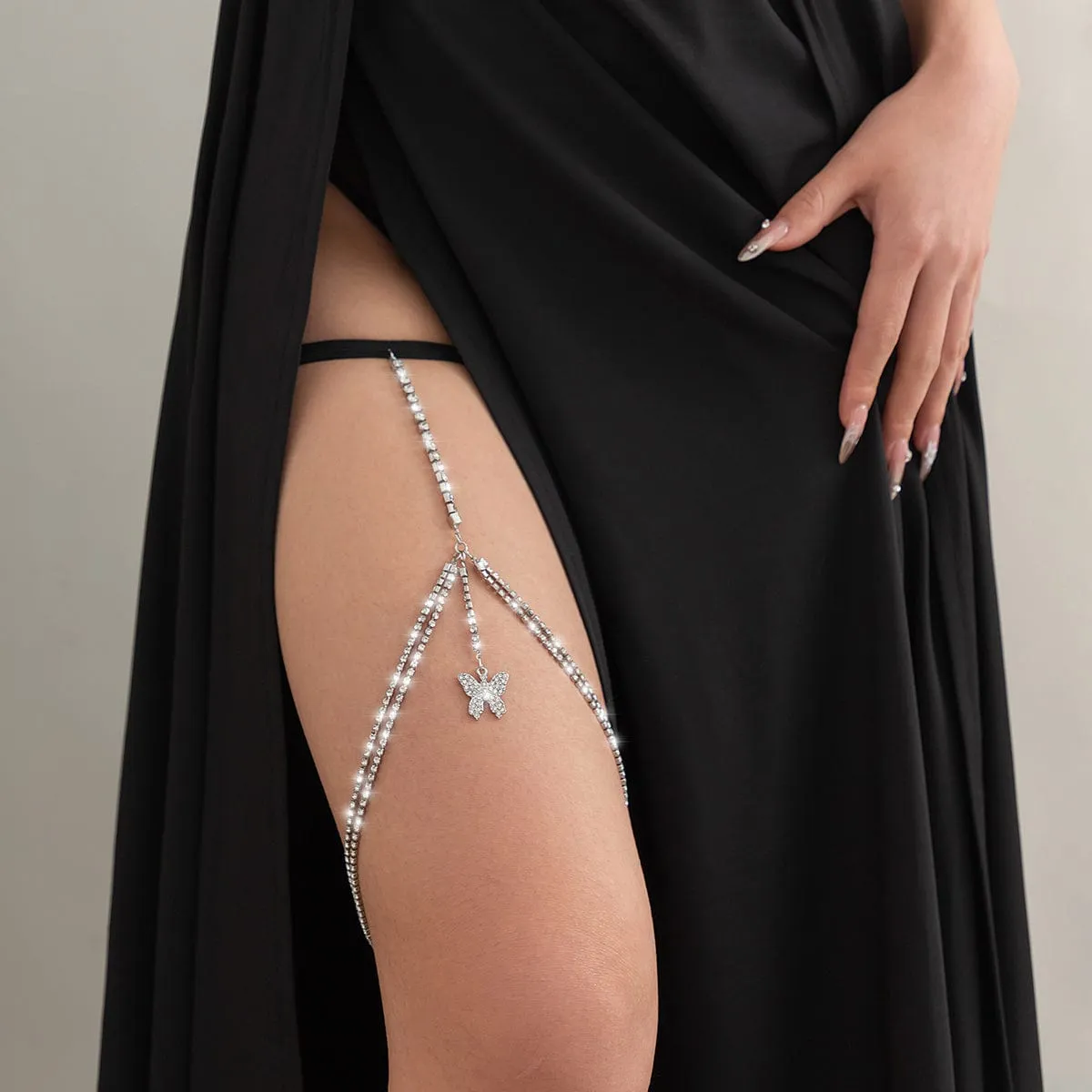 Shining Layered Rhinestone Inlaid Butterfly Charm Elastic Thigh Leg Chain