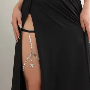 Shining Layered Rhinestone Inlaid Butterfly Charm Elastic Thigh Leg Chain