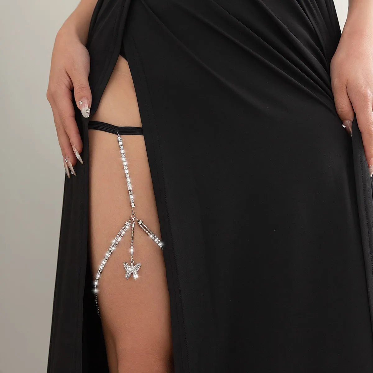 Shining Layered Rhinestone Inlaid Butterfly Charm Elastic Thigh Leg Chain