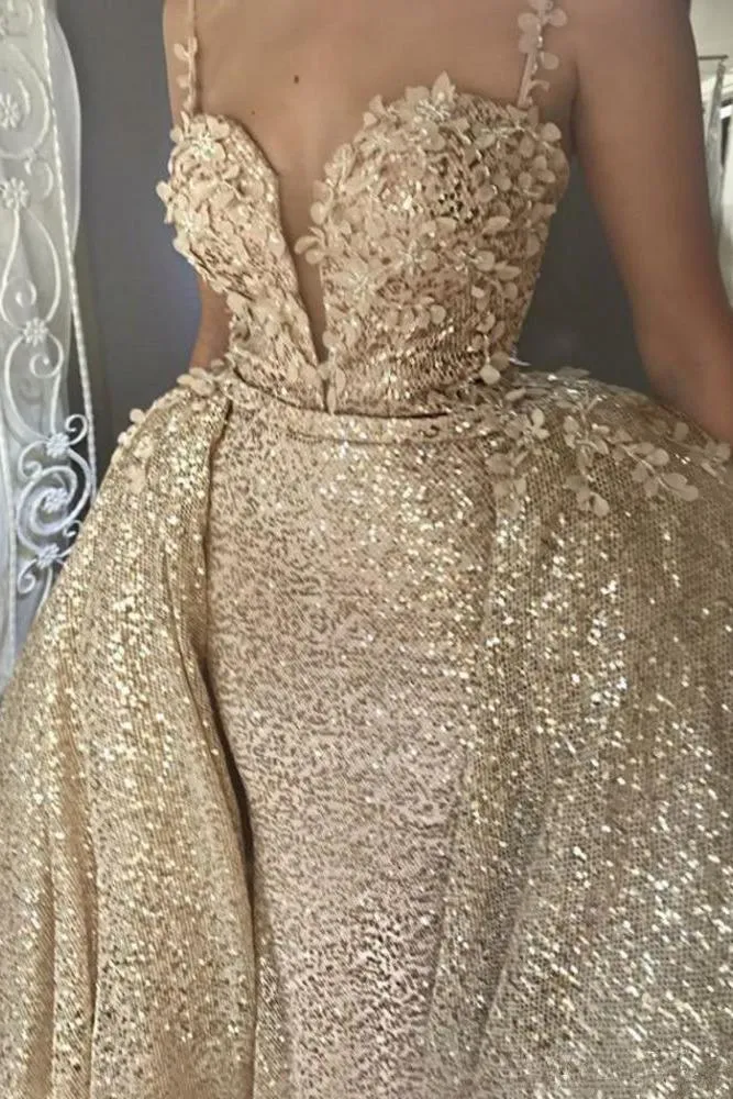 Shiny Champagne Sequins V-neck Spaghetti Straps Appliques Prom Dresses With Detachable Skirt