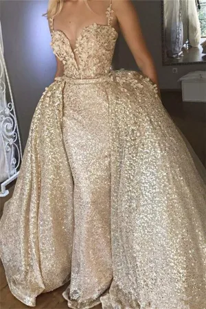 Shiny Champagne Sequins V-neck Spaghetti Straps Appliques Prom Dresses With Detachable Skirt