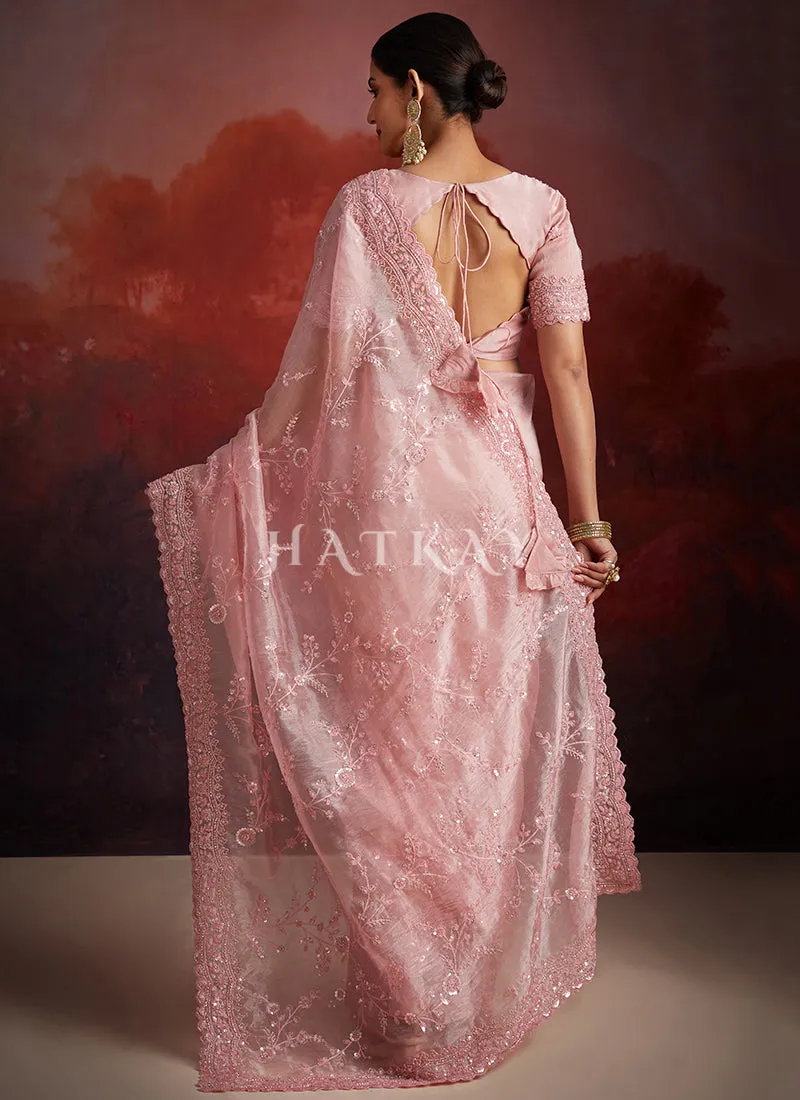 Soft Pink Embroidery Party Wear Saree