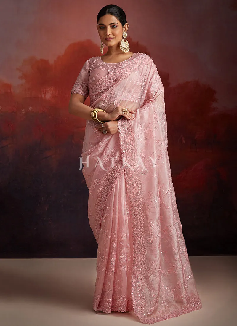 Soft Pink Embroidery Party Wear Saree