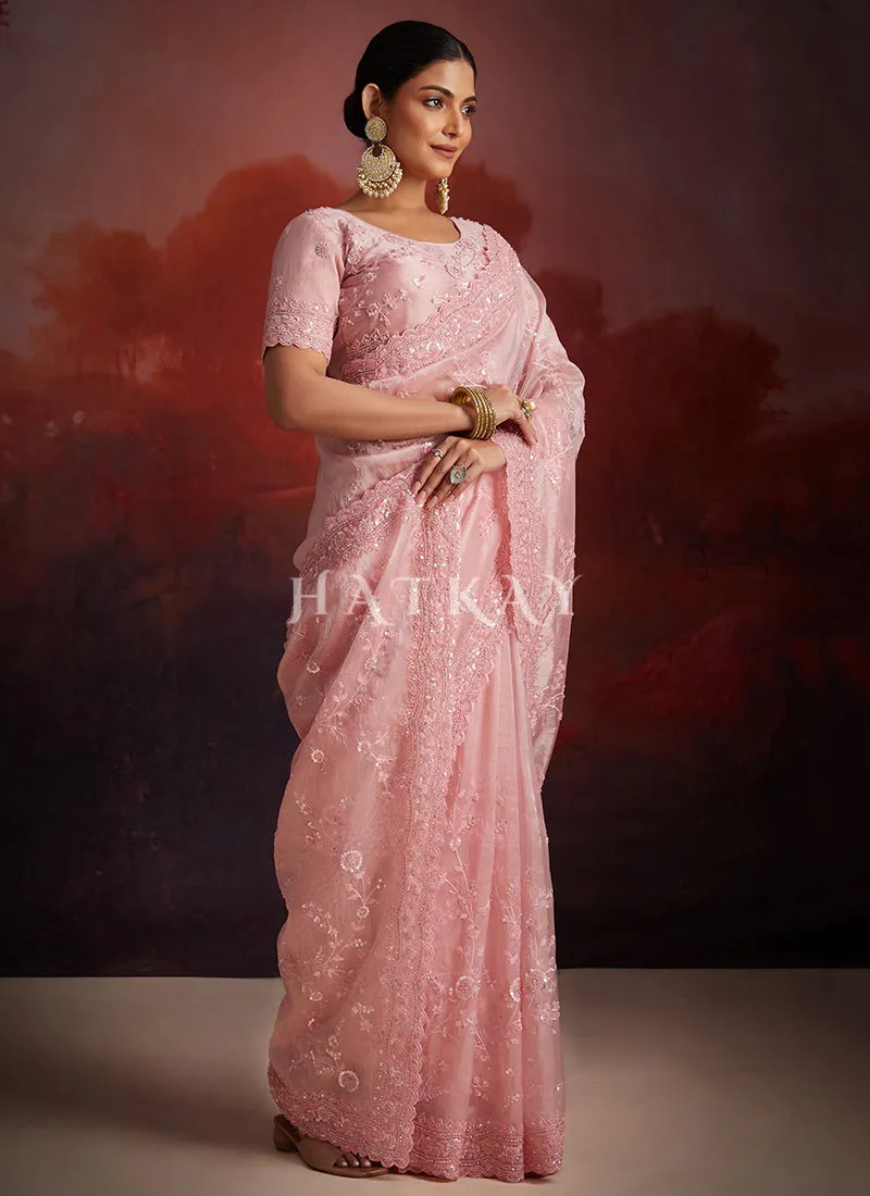 Soft Pink Embroidery Party Wear Saree