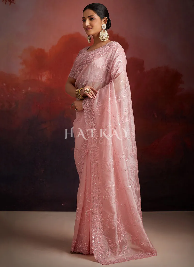 Soft Pink Embroidery Party Wear Saree