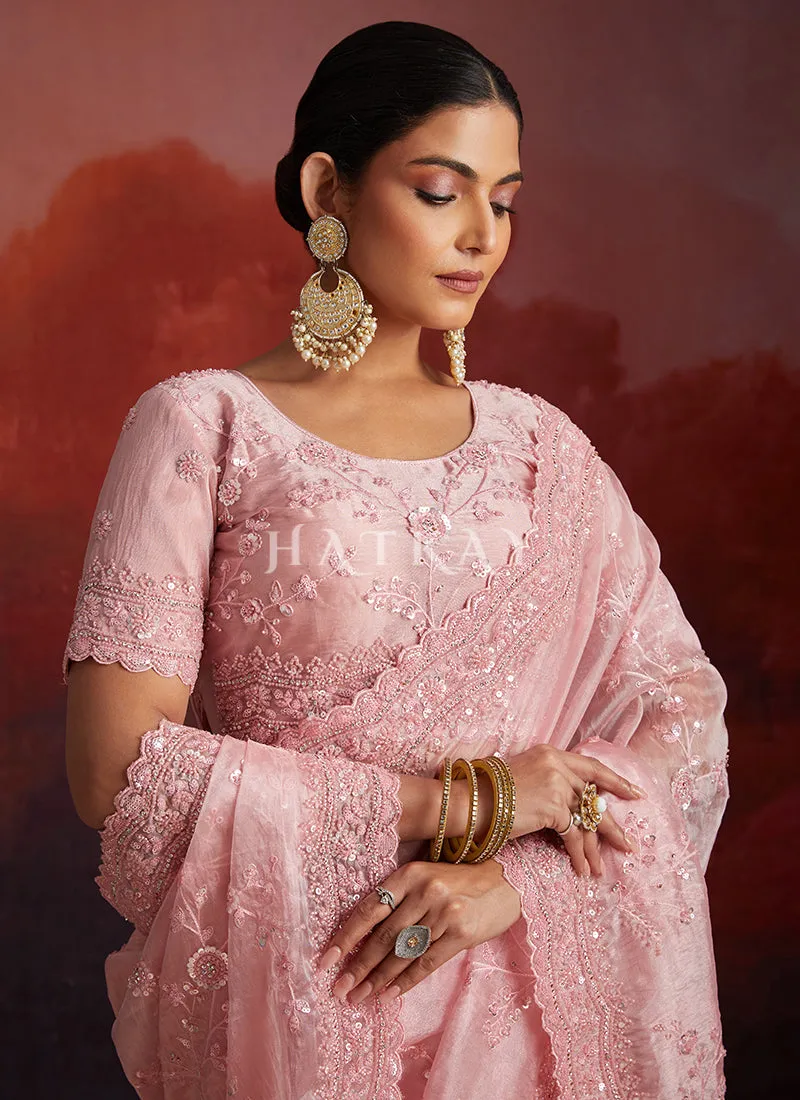 Soft Pink Embroidery Party Wear Saree