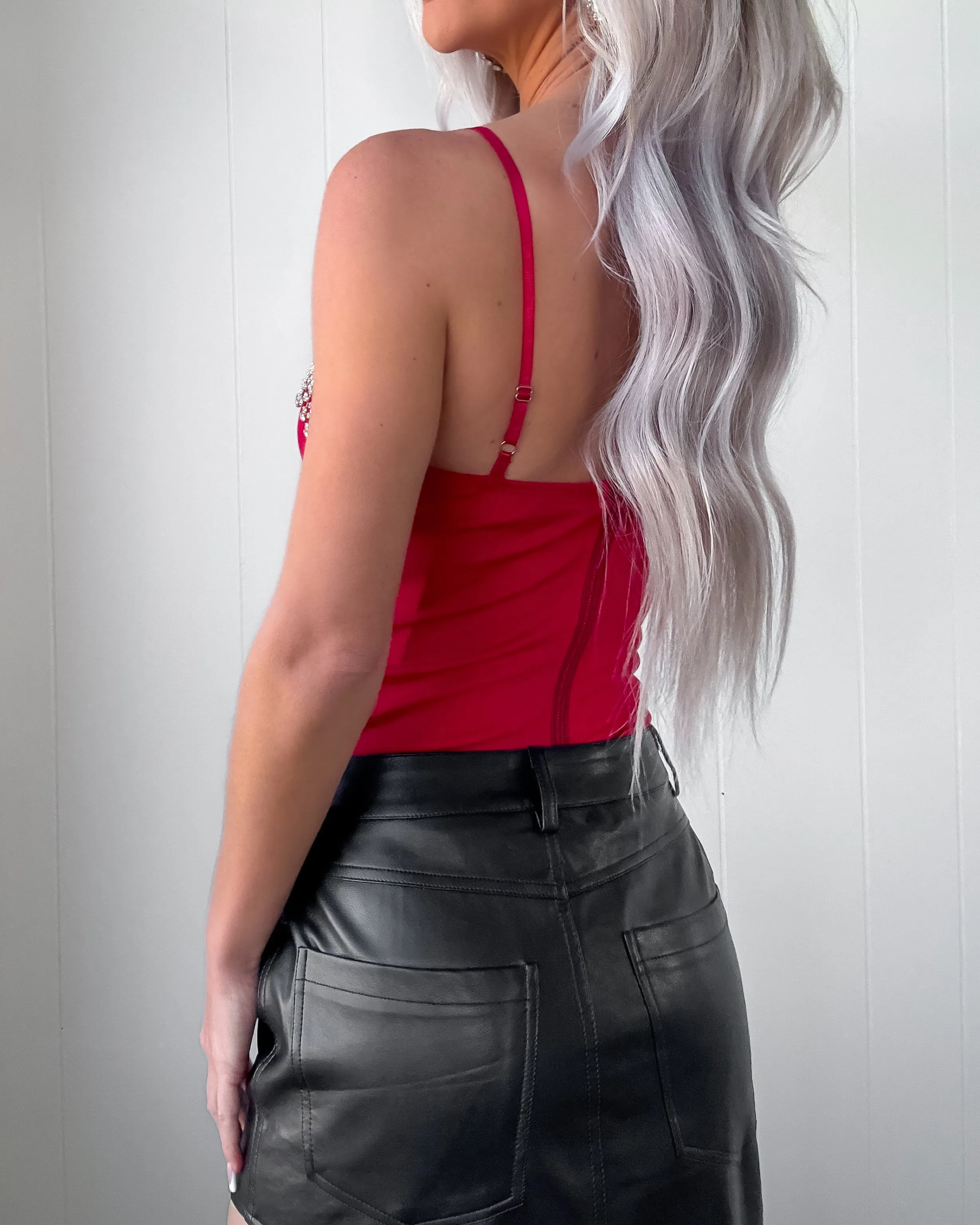 Sweetheart Rhinestone Detail Bodysuit - Red