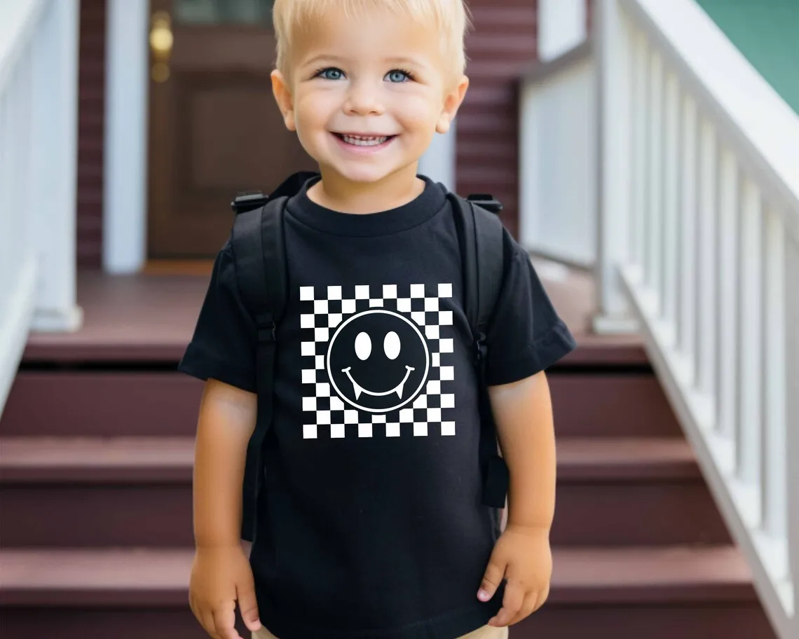 Vampire Smiley Face with Teeth. Halloween T-shirt for Kids. Halloween Toddler Shirt. Vampire Baby Shirt. Fall Checkered Retro baby t-shirt.