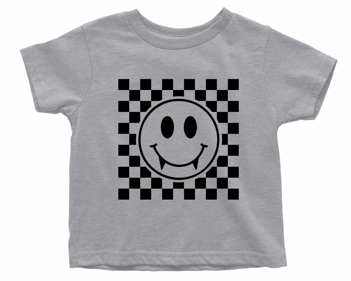 Vampire Smiley Face with Teeth. Halloween T-shirt for Kids. Halloween Toddler Shirt. Vampire Baby Shirt. Fall Checkered Retro baby t-shirt.