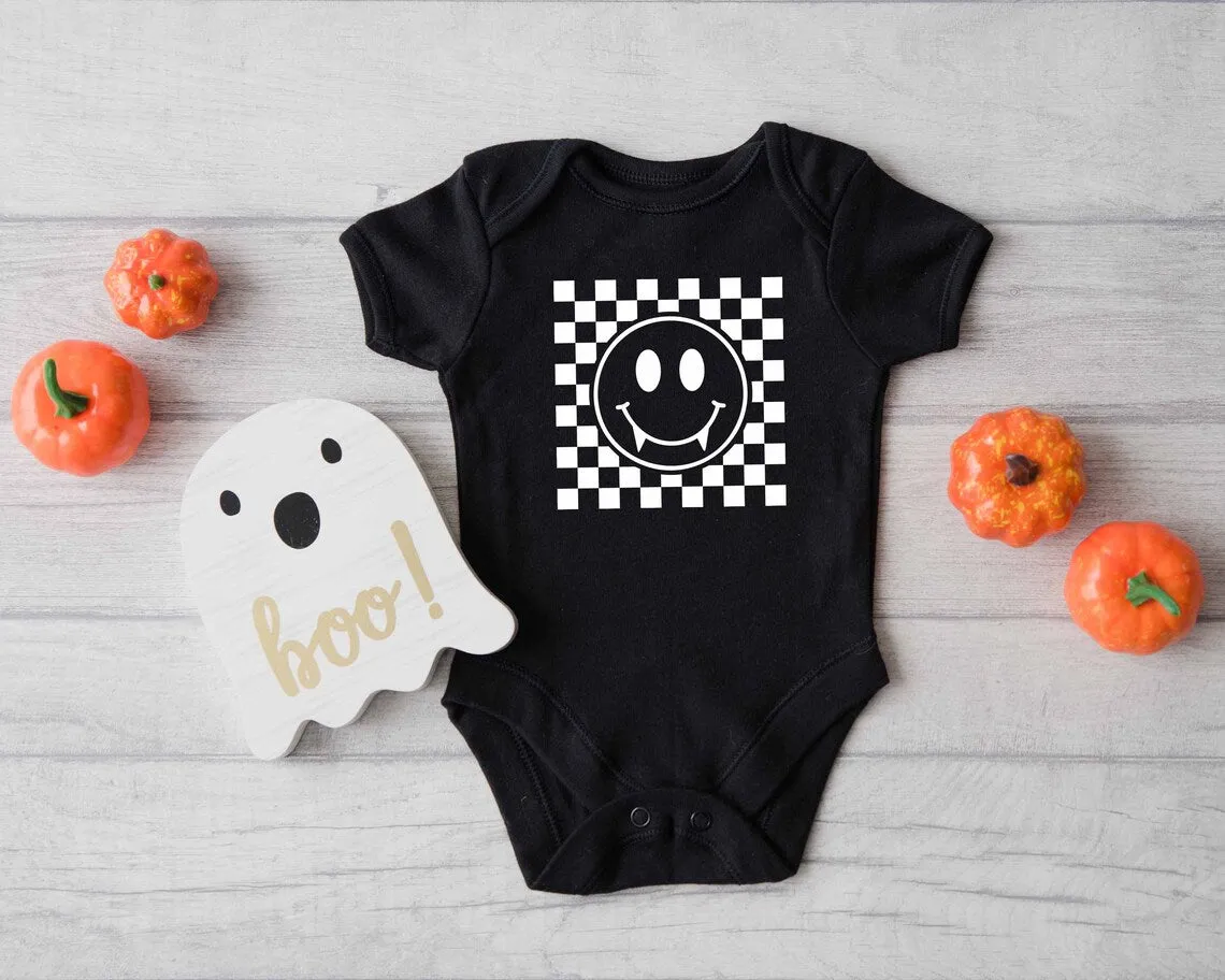 Vampire Smiley Face with Teeth. Halloween T-shirt for Kids. Halloween Toddler Shirt. Vampire Baby Shirt. Fall Checkered Retro baby t-shirt.