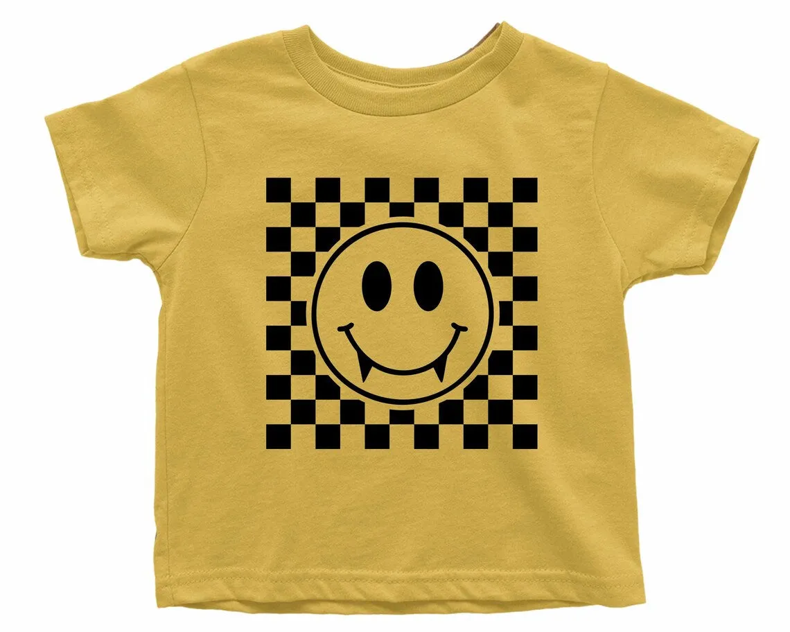 Vampire Smiley Face with Teeth. Halloween T-shirt for Kids. Halloween Toddler Shirt. Vampire Baby Shirt. Fall Checkered Retro baby t-shirt.