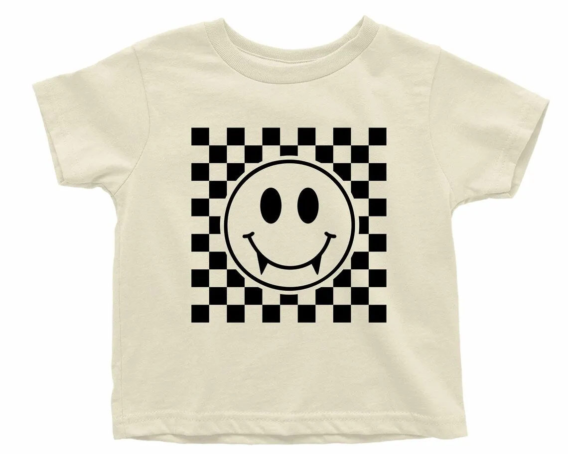 Vampire Smiley Face with Teeth. Halloween T-shirt for Kids. Halloween Toddler Shirt. Vampire Baby Shirt. Fall Checkered Retro baby t-shirt.