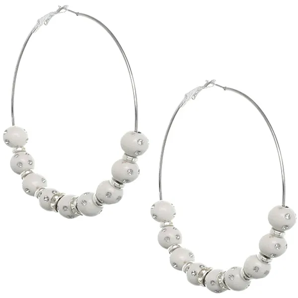 White Beaded Decor Hoop Earrings
