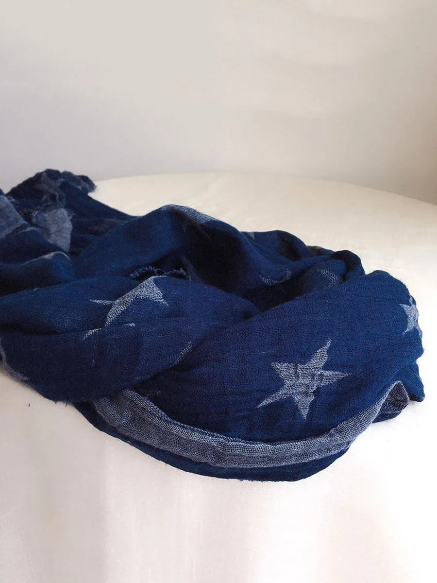 Women Retro Geometric Batik Blue Tassel Shawl Scarf