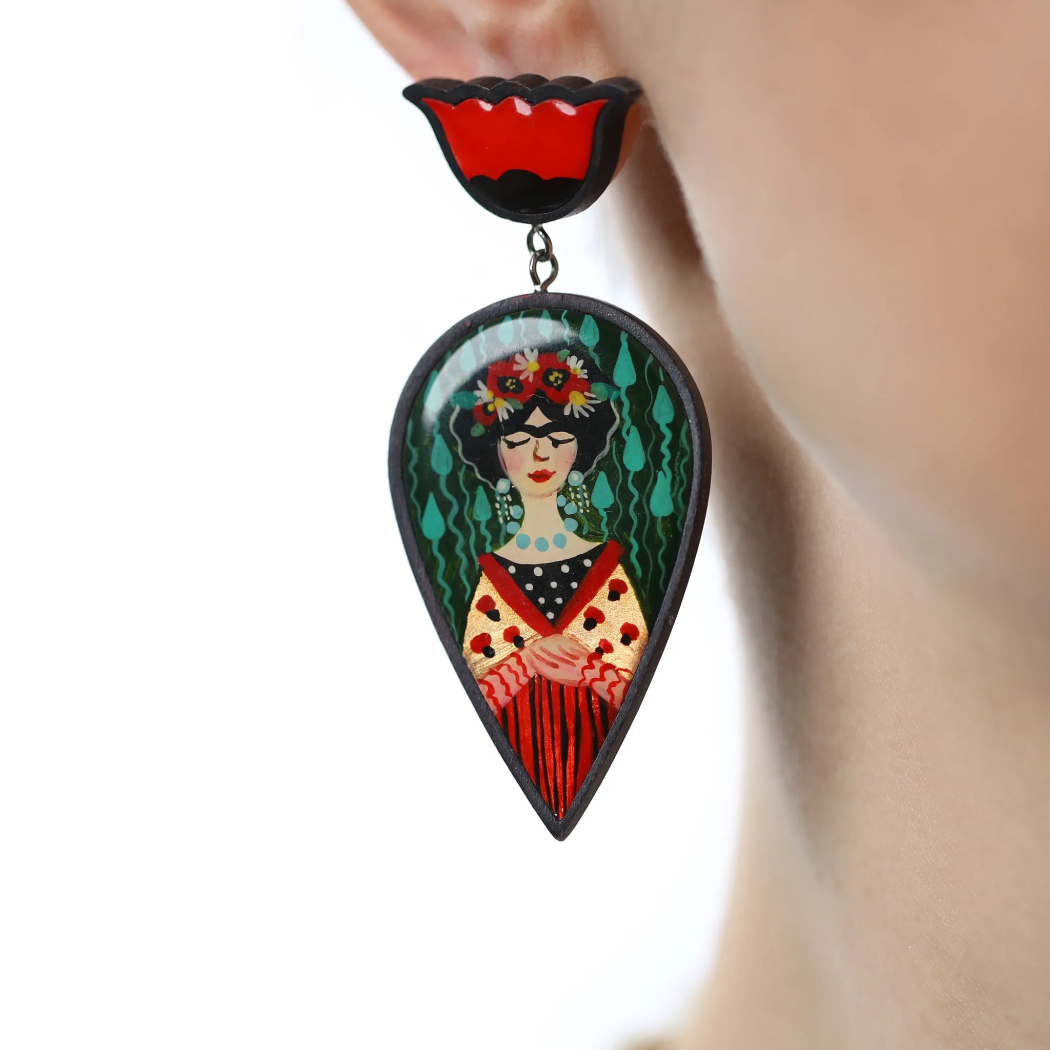 Wood and Glass Frida Earrings