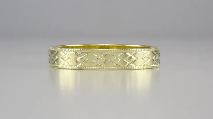 Yellow Gold 1950's Mid Century Modern Carved Interlocking Chevrons Wedding Ring - 4mm
