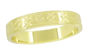 Yellow Gold 1950's Mid Century Modern Carved Interlocking Chevrons Wedding Ring - 4mm